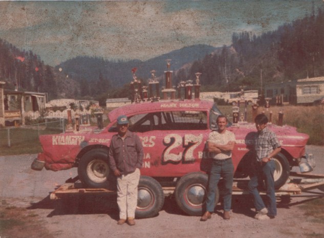 The memorable #27 red Chevy raced and won at Redwood Acres from 1972-1975, on the trailer at the Klamath Subdivision