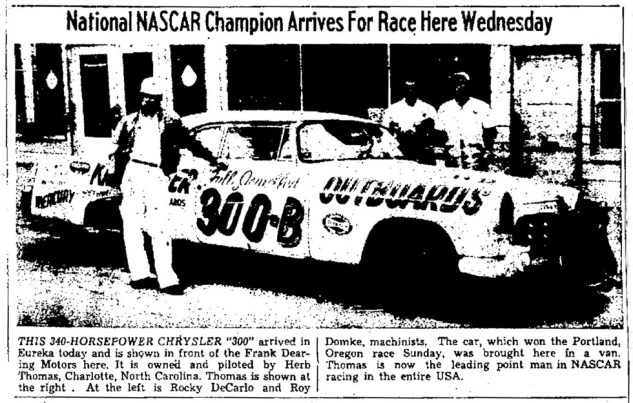 Herb Thomas brings his Chrysler 300 to Redwood Acres (Humboldt Standard May 29 1956)