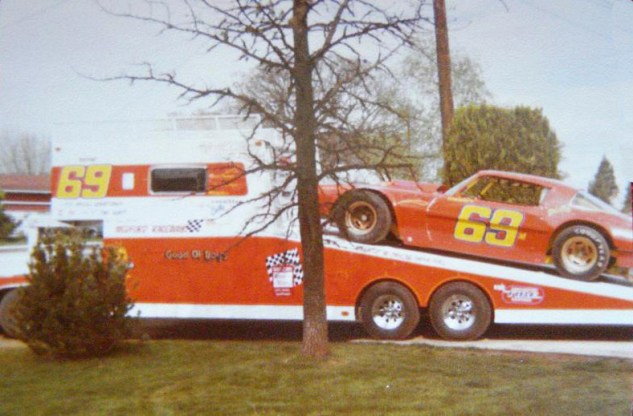 The #69 Camaro and custom trailer owned by Phil Durnford.  Tom:  "He was into grandstanding"