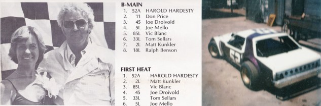 1981 North Coast Dirt Track Classic results from the Stock Report program (left) and dirt car at Harold's shop from that era (right).